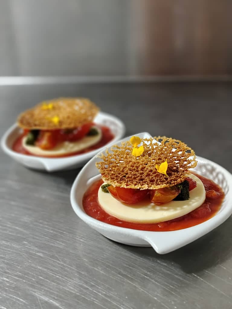 Panna cotta con coulis de fresa y tuile crocante